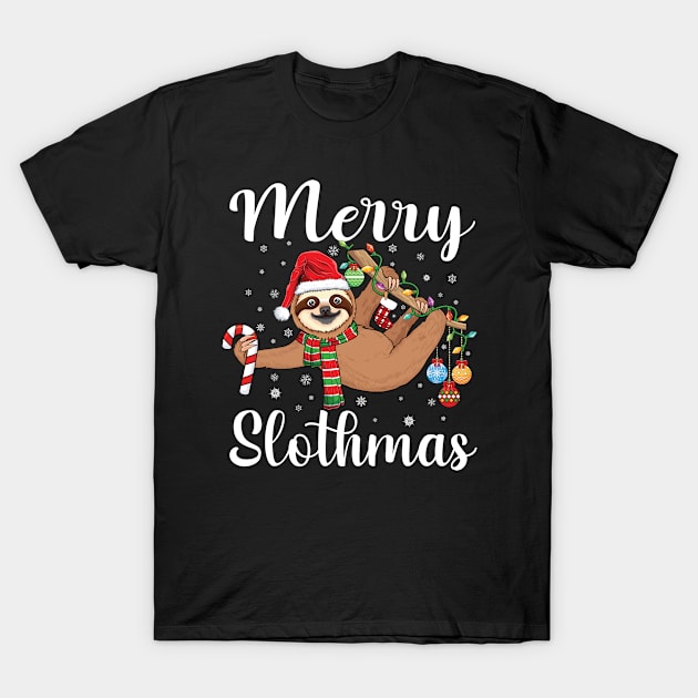 Merry Slothmas Christmas sloth pajamas Santa hat Xmas sloth T-Shirt by UNXart